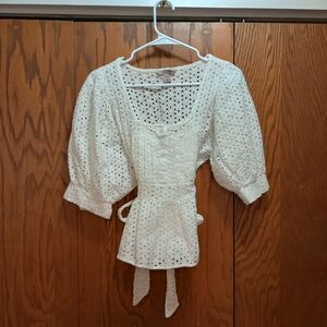 H&M White Eyelet Peplum Tie-Waist Blouse